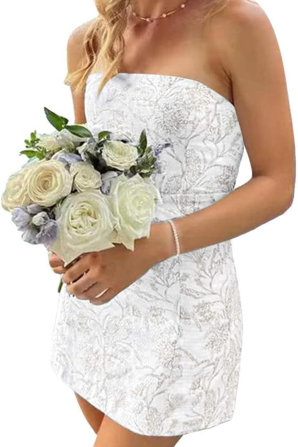 27dress strapless white mini dress with silver floral jacquard pattern and bouquet Floral Homecoming Dresses