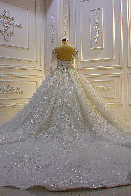 Luxury Ball Gown Lace Appliques Long Sleeves Backless Ruffles Bridal G – 27dress Luxury Ball Gown Lace Appliques Long Sleeves Backless Ruffles Bridal G – 27dress