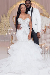 Luxury Long Mermaid Sweetheart Strapless Ruffles Beaded Crystal Wedding Dress-27Dress
