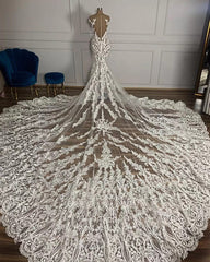 Luxury Mermaid Jewel Neck Tulle Long Beading Wedding Dress with Appliques Lace-27dress