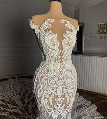Luxury Mermaid Jewel Neck Tulle Long Beading Wedding Dress with Appliques Lace-27dress