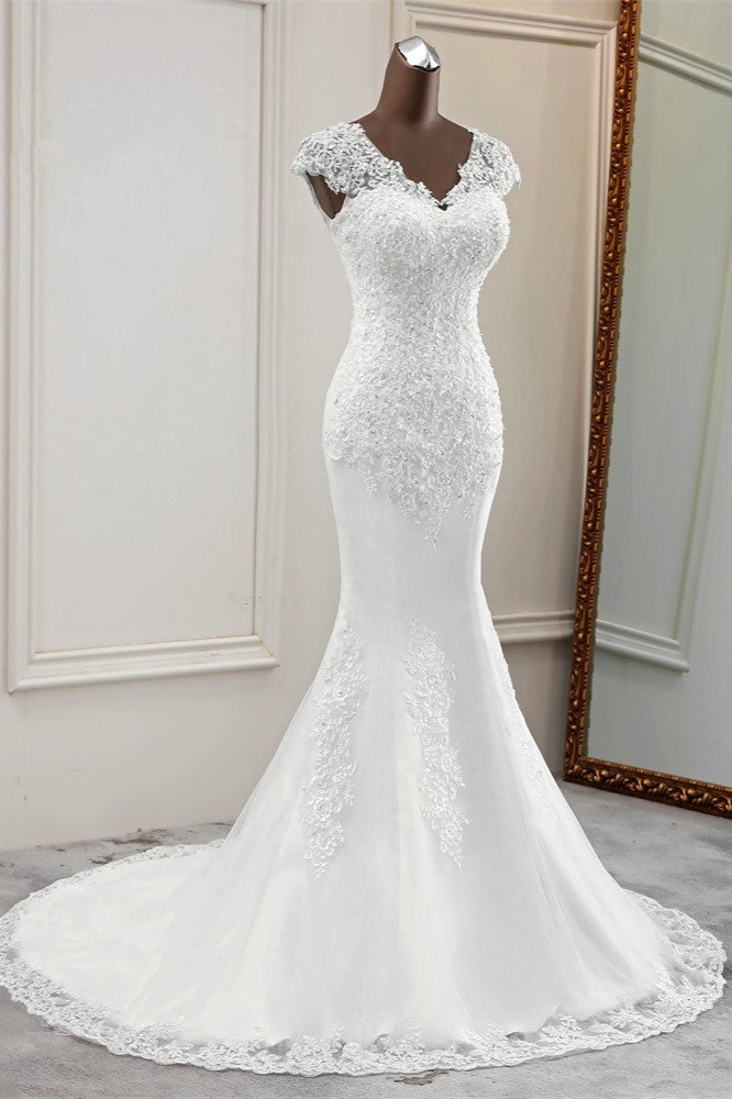 Luxury V-Neck Sleeveless White Lace Mermaid Wedding Dresses with Appliques-27dress