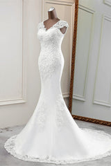 Luxury V-Neck Sleeveless White Lace Mermaid Wedding Dresses with Appliques-27dress