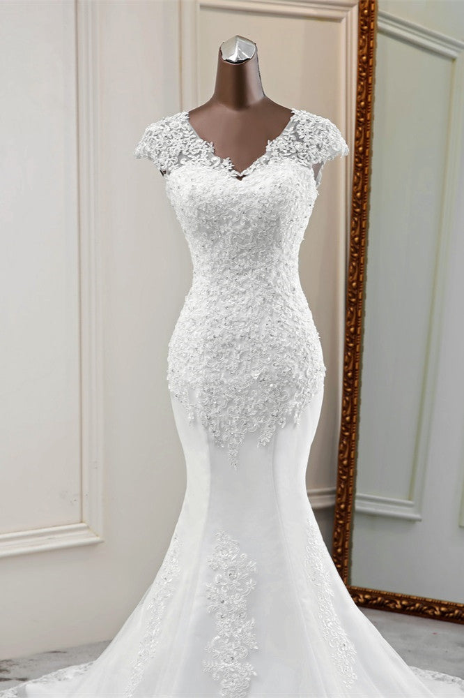 Luxury V-Neck Sleeveless White Lace Mermaid Wedding Dresses with Appliques-27dress
