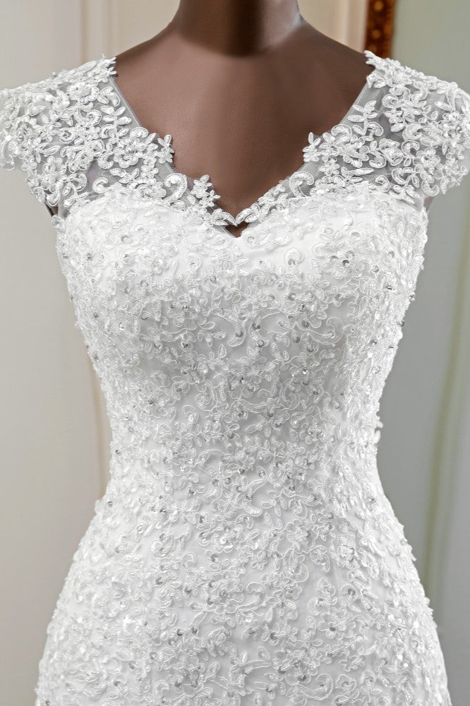 Luxury V-Neck Sleeveless White Lace Mermaid Wedding Dresses with Appliques-27dress