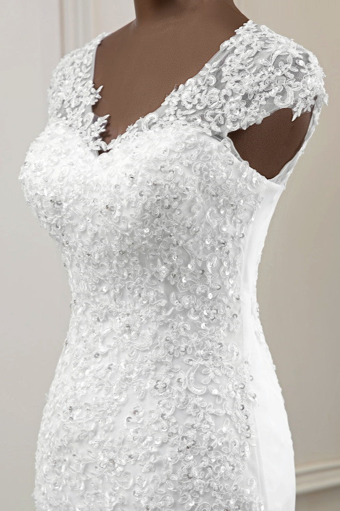 Luxury V-Neck Sleeveless White Lace Mermaid Wedding Dresses with Appliques-27dress