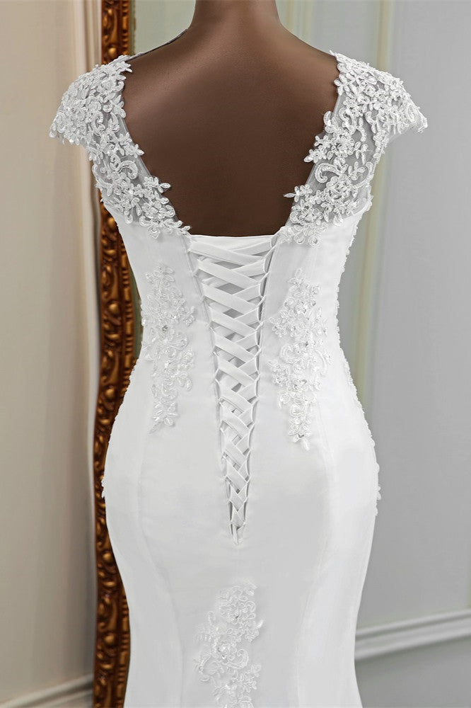 Luxury V-Neck Sleeveless White Lace Mermaid Wedding Dresses with Appliques-27dress