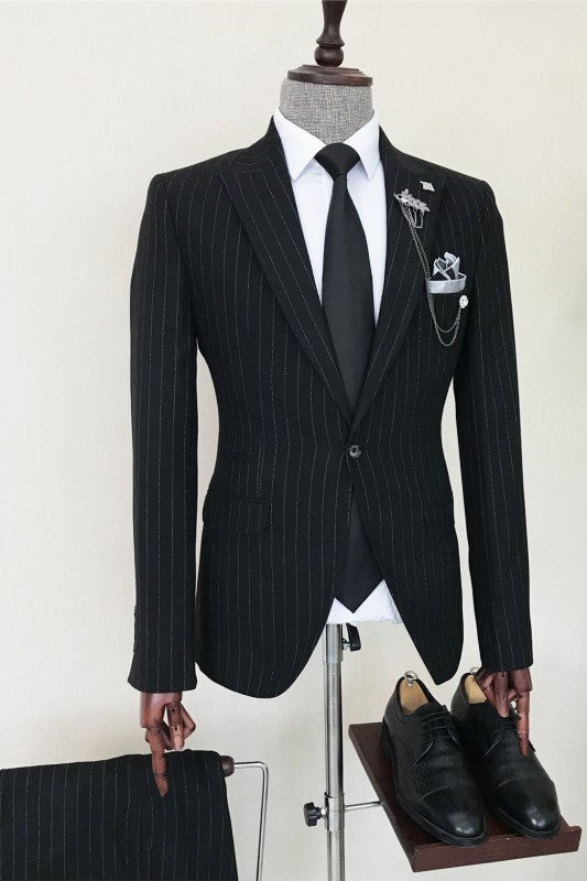 Men Formal Suit Business Black Striped Peak Lapel Men's Bespoke Suits-27dress