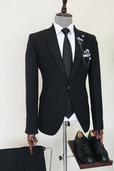 Men Formal Suit Business Black Striped Peak Lapel Men's Bespoke Suits-27dress