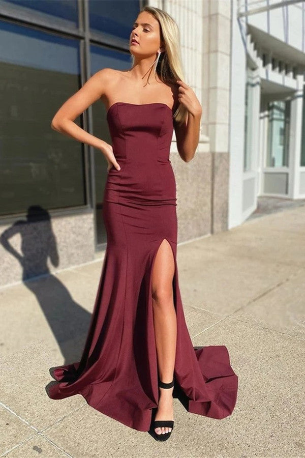 Mermaid Burgundy Strapless Sleeveless Sweetheart Long Prom Dress With Split