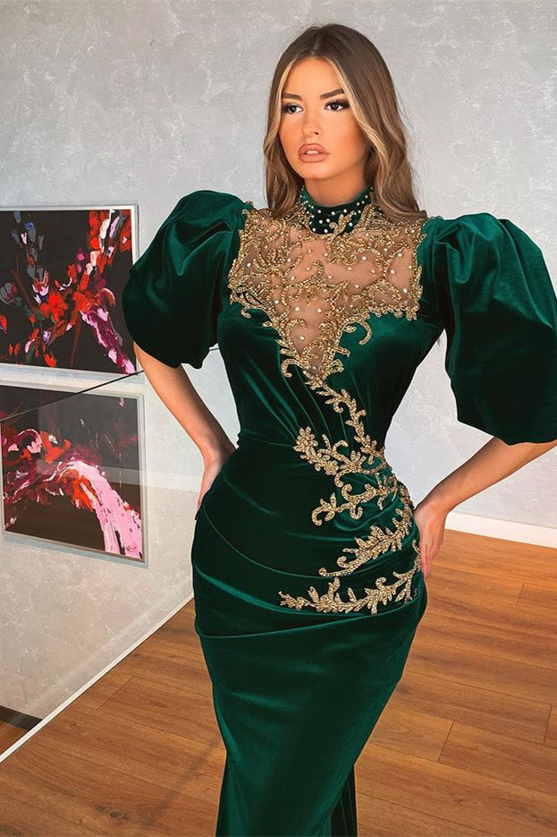 Mermaid Dark Green Bubble Sleeves Pleated Long Prom Dress With Beadings