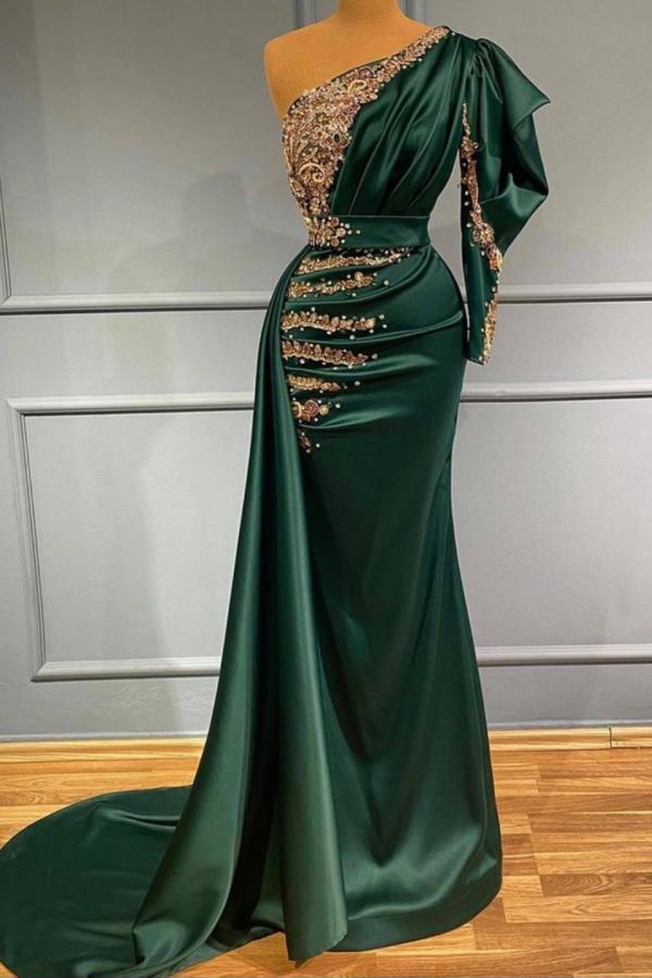 Mermaid Dark Green One Shoulder Long Sleeve Long Prom Dress With Beadings