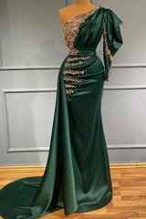 Mermaid Dark Green One Shoulder Long Sleeve Long Prom Dress With Beadings