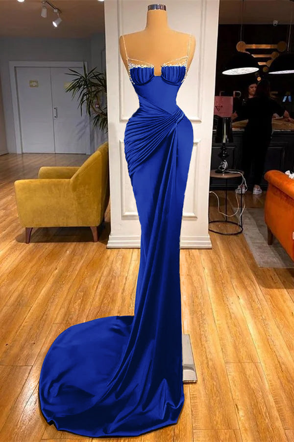Mermaid Dark Green Spaghetti Strap Sleeveless Long Prom Dress With Beadings