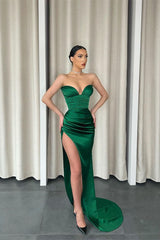 Mermaid Dark Green Sweetheart Sleeveless Pleated Long Prom Dress With Split