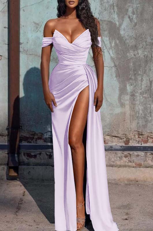 Mermaid Dusty Blue Off the Shoulder Sleeveless Prom Dress With High Split