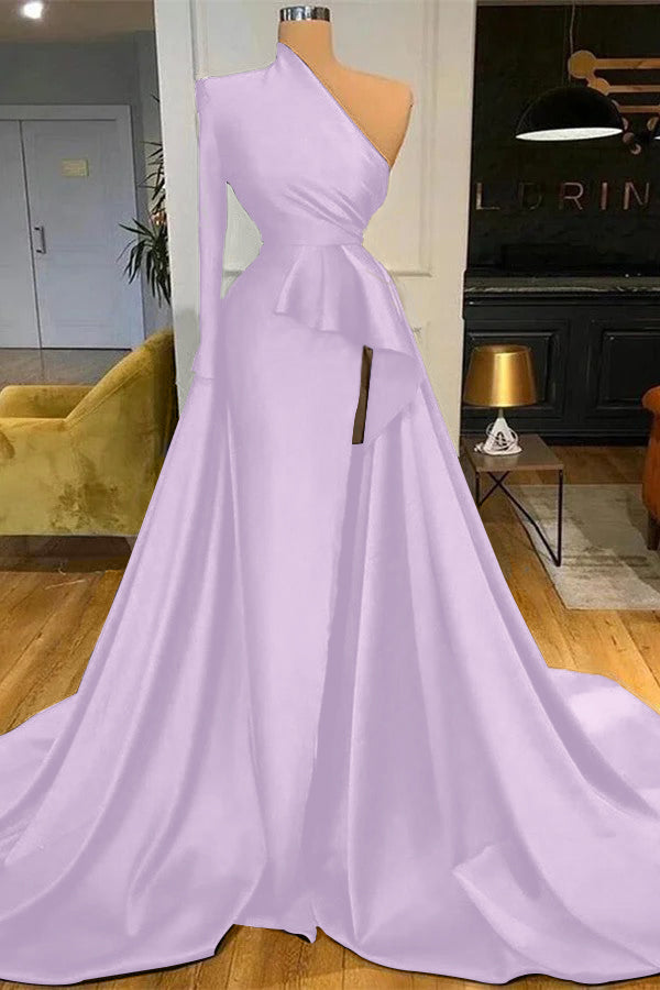Mermaid Long Sleeve One Shoulder Dark Blue Long Prom Dress With High Split