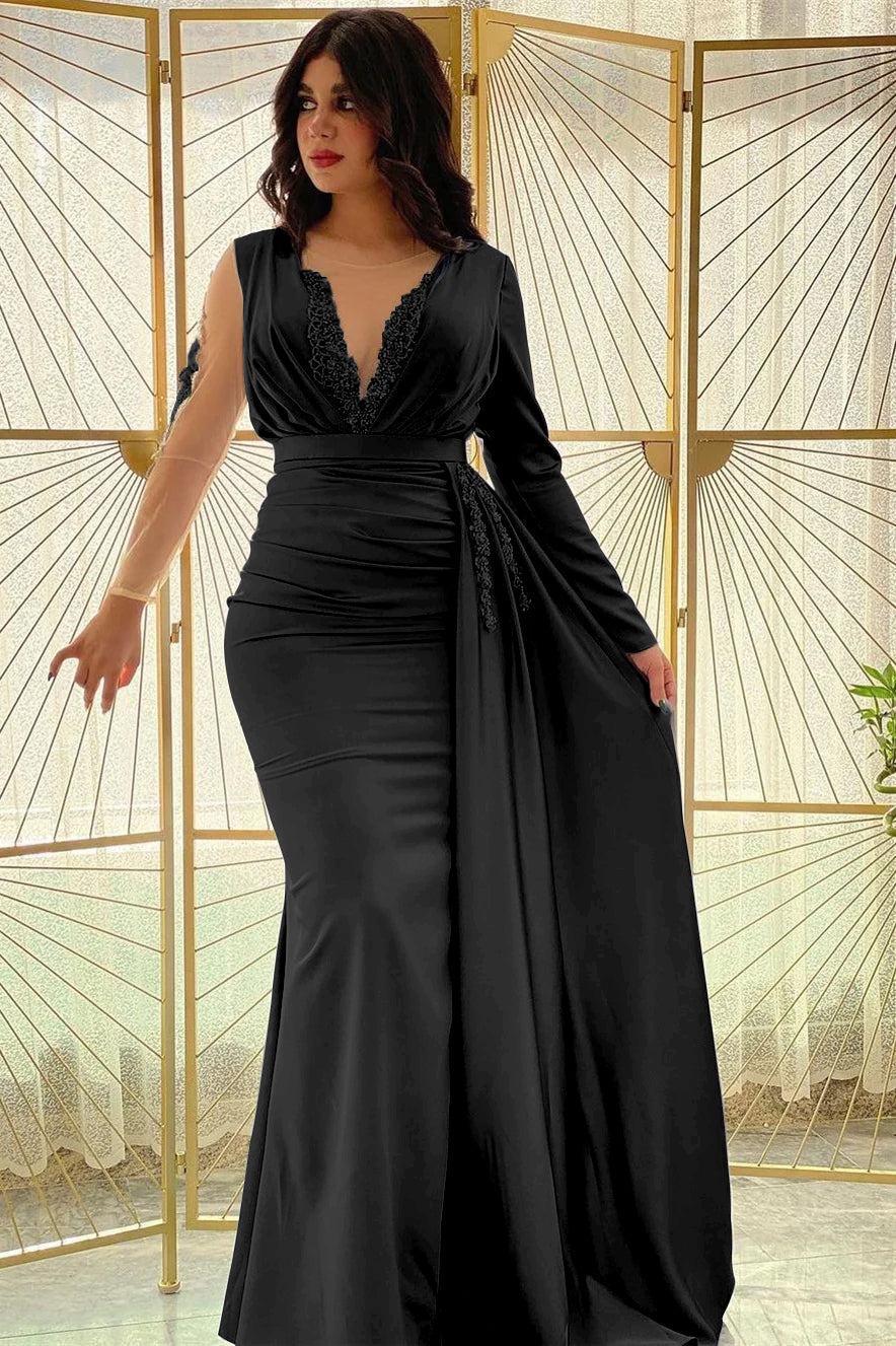 Mermaid Long Sleeves Beadings Pleated Prom Dress Side Split With Ruffles