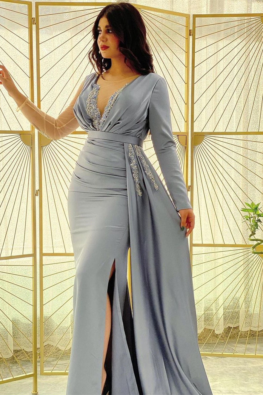 Mermaid Long Sleeves Beadings Pleated Prom Dress Side Split With Ruffles