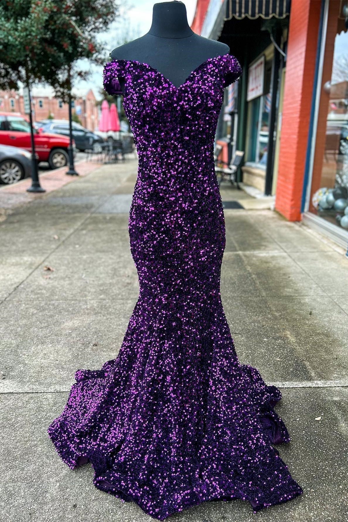 Mermaid Off-the-Shoulder Light Blue Sequins Long Prom Dress