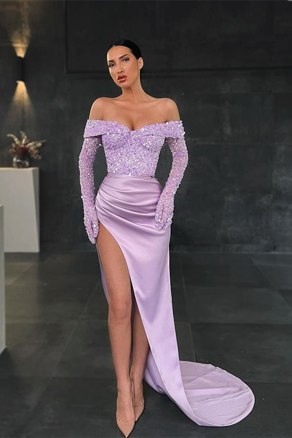 Mermaid Off the Shoulder Long Sleeves Sequins Prom Dress With High Split