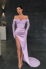Mermaid Off the Shoulder Long Sleeves Sequins Prom Dress With High Split