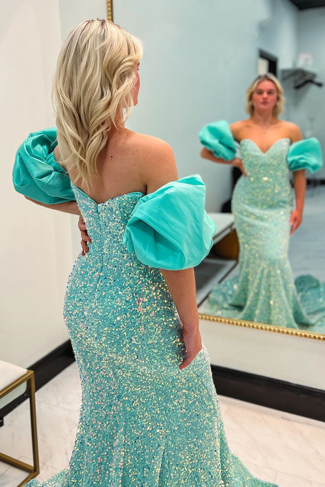 Mermaid Off-the-Shoulder Puff Sleeves Sequins Long Prom Dress