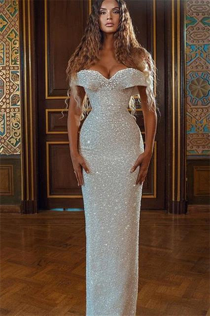 Mermaid Off the Shoulder Sleeveless Strapless White Sequins Long Prom Dress