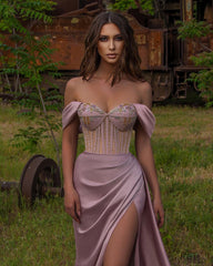 Mermaid Off the Shoulder Strapless Beadings Sweetheart Prom Dress Split