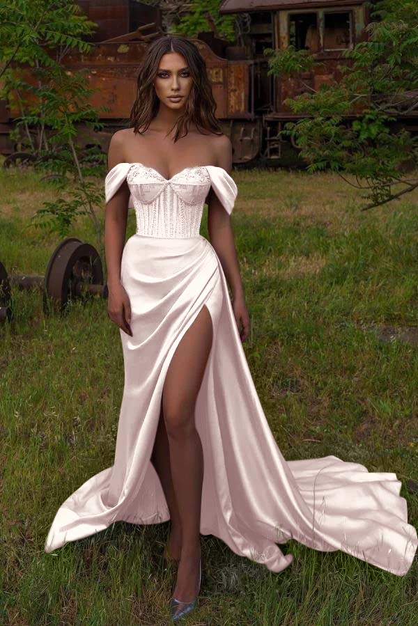 Mermaid Off the Shoulder Strapless Beadings Sweetheart Prom Dress Split