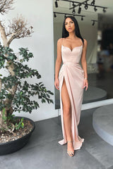 Mermaid Spaghetti Strap Sleeveless Pleated Long Prom Dress With High Split
