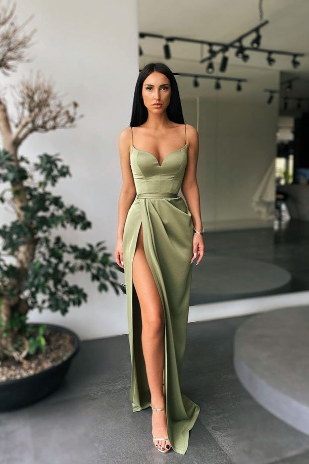 Mermaid Spaghetti Strap Sleeveless Pleated Long Prom Dress With High Split