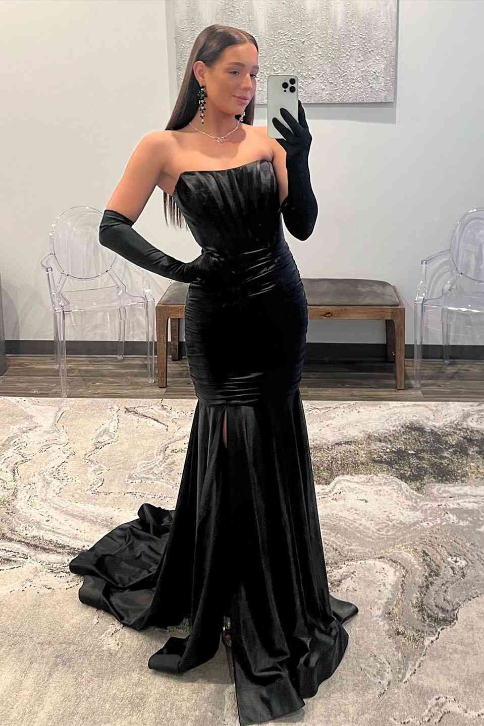 Mermaid Strapless Satin Pleated Slit Long Prom Dress with Golves