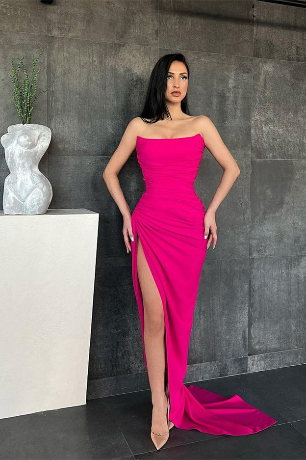 Mermaid Strapless Sleeveless Long Prom Dress With Split Pleated