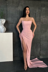 Mermaid Strapless Sleeveless Pleated Long Evening Dress With High Split
