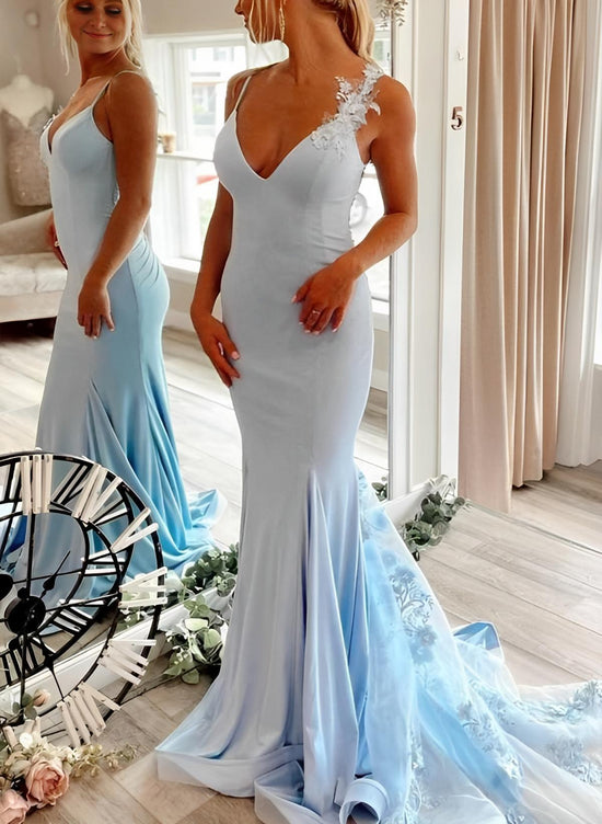 Mermaid V-Neck Sweep Train Satin Prom Dress with Lace-27dress