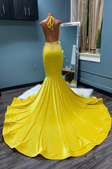 Mermaid Yellow Halter Classic Sleeveless Long Prom Dress With Appliques