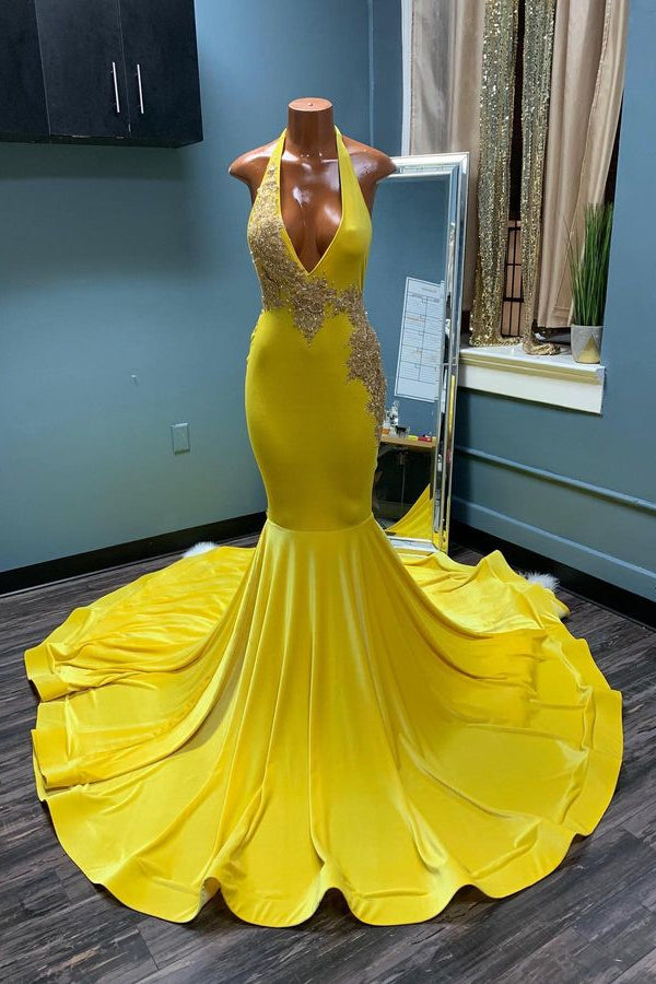 Mermaid Yellow Halter Classic Sleeveless Long Prom Dress With Appliques