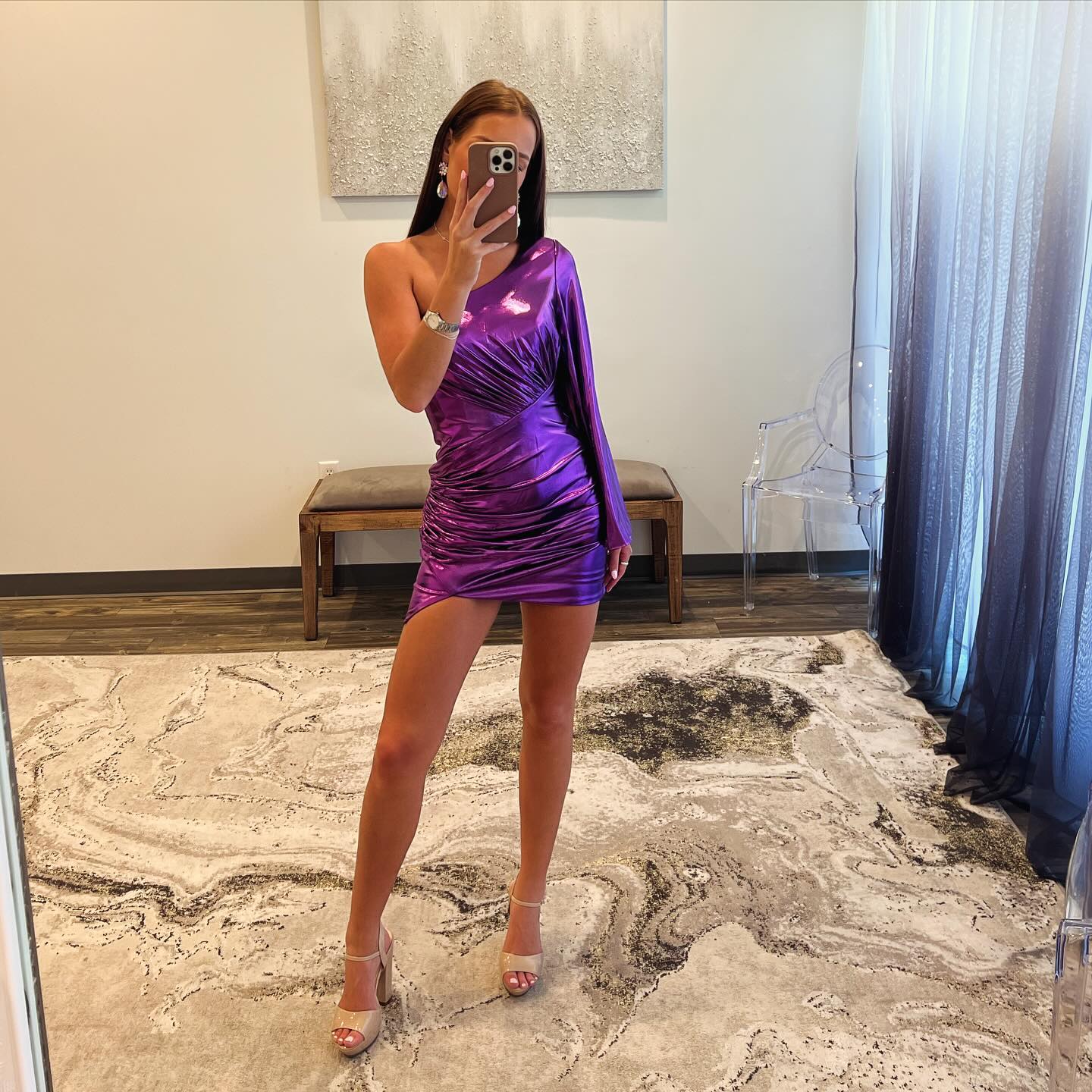 Metallic Purple One Shoulder Mini Dress with Puff Sleeve