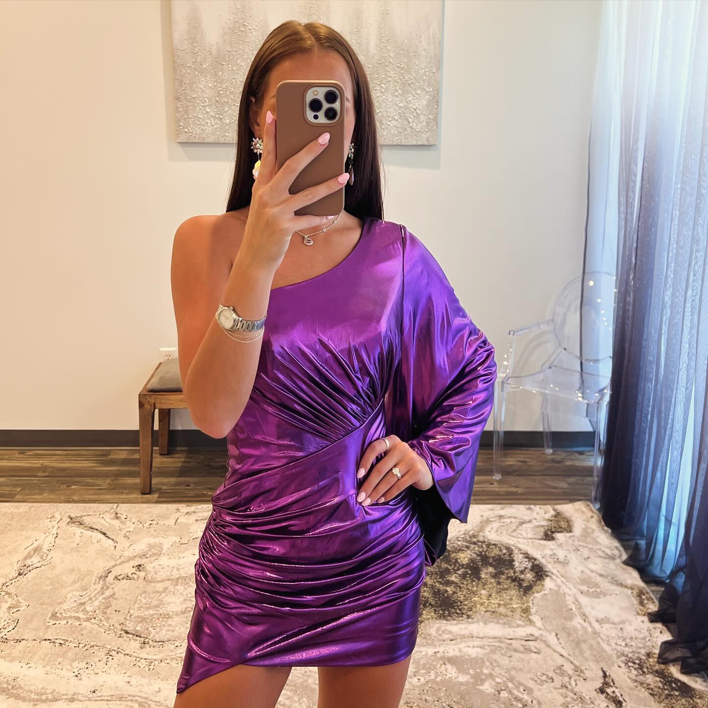 Metallic Purple One Shoulder Mini Dress with Puff Sleeve
