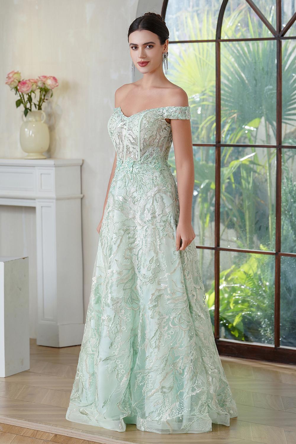 Mint Green Off-the-shoulder A-line Long Prom Dress with Lace Applique-27dress