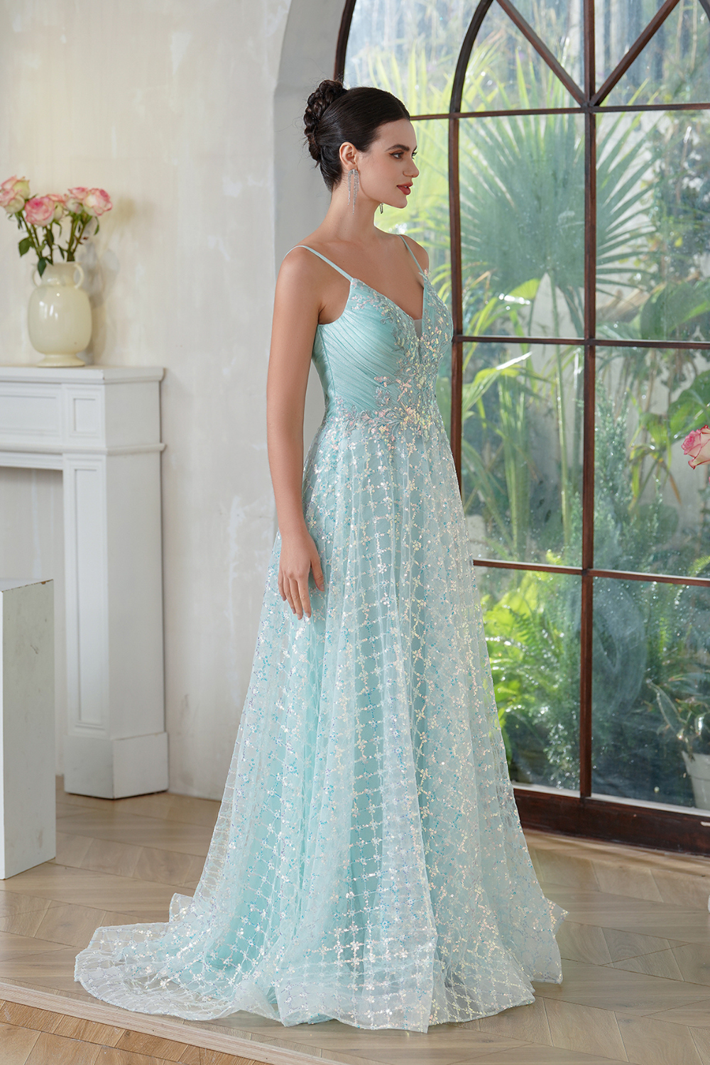 Mint V Neck Sleeveless A-line Long Prom Dress with Lace Applique-27dress