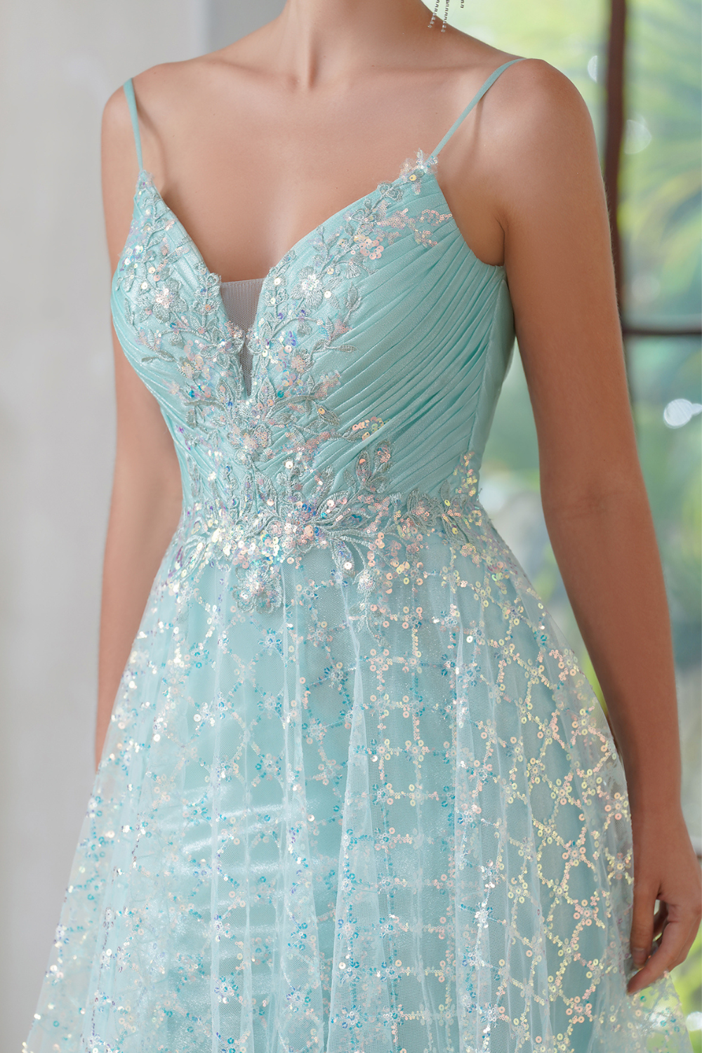 Mint V Neck Sleeveless A-line Long Prom Dress with Lace Applique-27dress