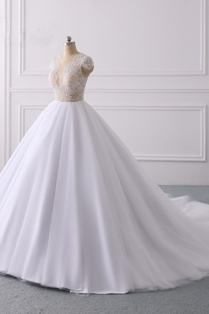 Modern Ball Gown Jewel Tulle Ruffles Lace Wedding Dress Appliques Short-Sleeves Bridal Gowns On Sale-27dress