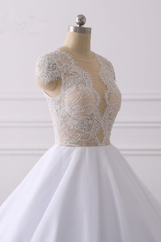 Modern Ball Gown Jewel Tulle Ruffles Lace Wedding Dress Appliques Short-Sleeves Bridal Gowns On Sale-27dress