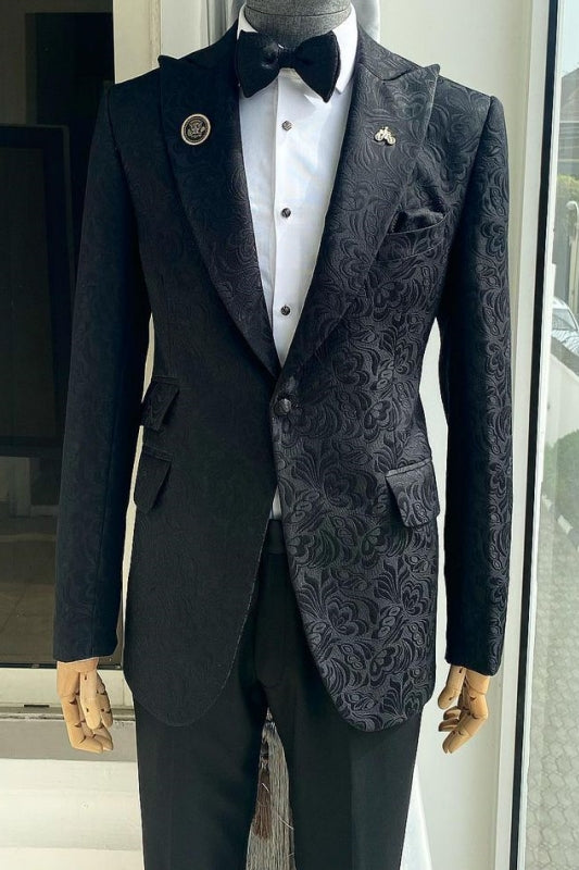 Modern Peaked Lapel Two Pieces Jacquard Black Wedding Suits
