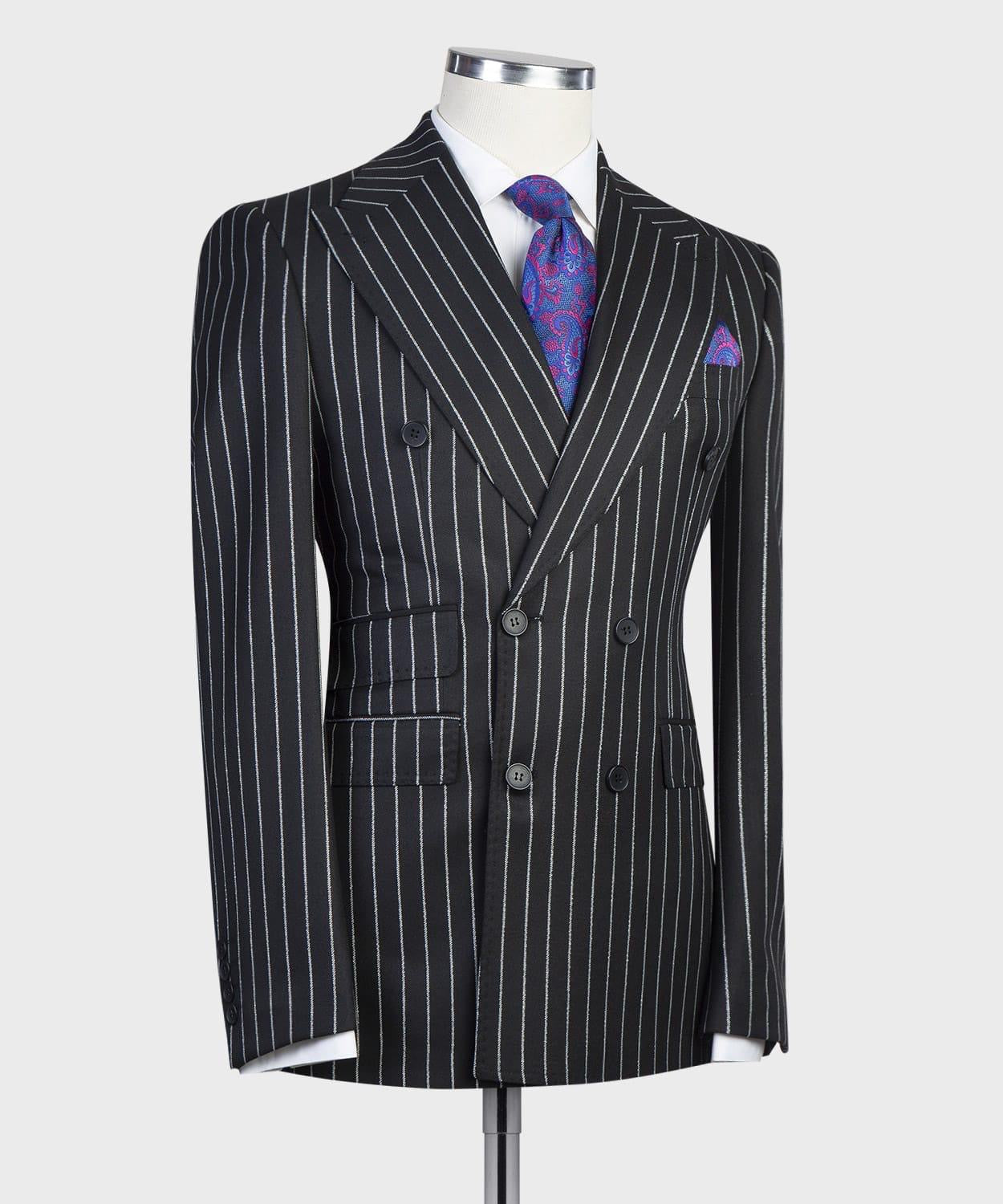 Modern Black Stripe Double Breasted Peaked Lapel Business Men Suits