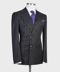 Modern Black Stripe Double Breasted Peaked Lapel Business Men Suits