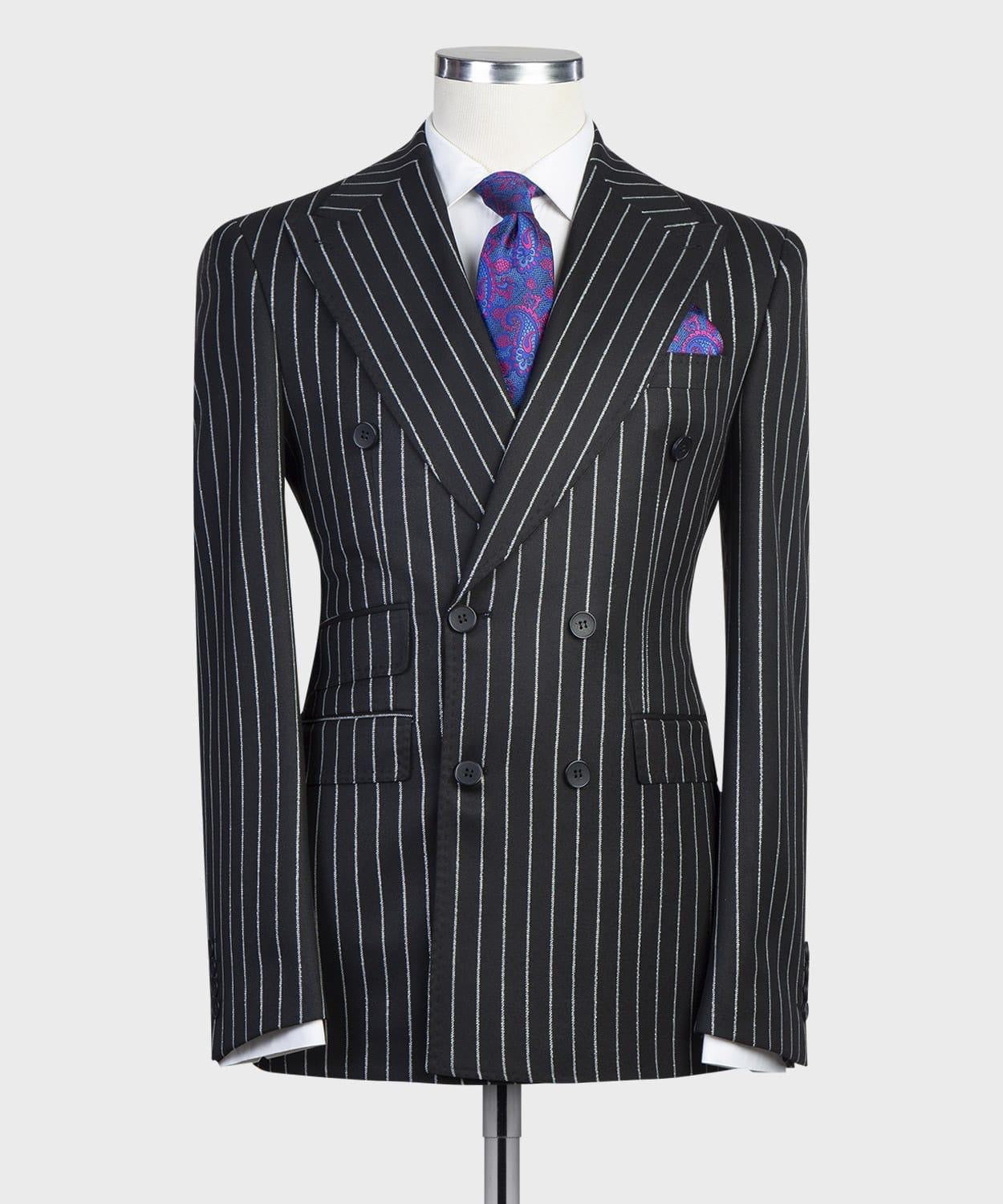 Modern Black Stripe Double Breasted Peaked Lapel Business Men Suits