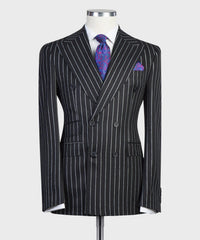Modern Black Stripe Double Breasted Peaked Lapel Business Men Suits